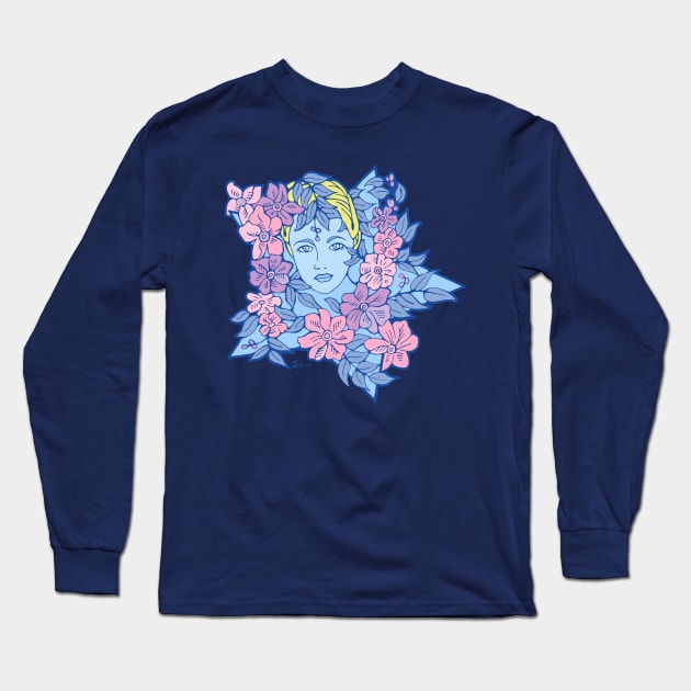 Blue Star Girl and Pink and Purple Flowers Long Sleeve T-Shirt by Julia Moon